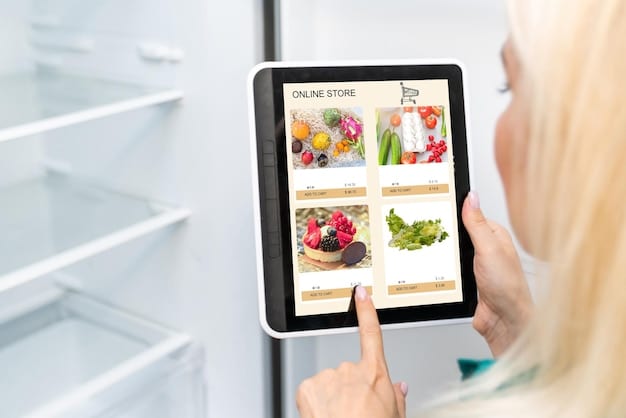 A person using a tablet to plan their grocery shopping trip, with a list of items and available coupons displayed on the screen.