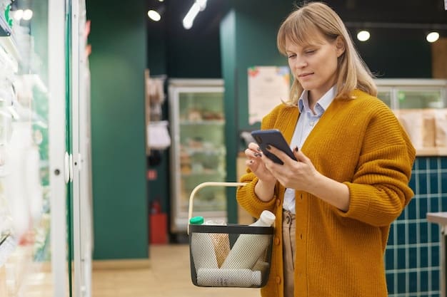 A shopper in a grocery store aisle holding a smartphone and using a unit price calculator app. The app displays the calculated unit price for the item being considered. The shopper is focused and engaged, demonstrating the use of technology to enhance savings while shopping.