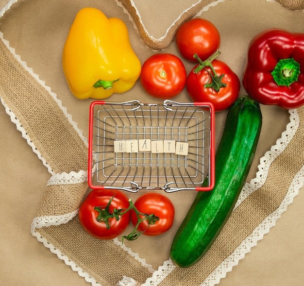 Top-down view of a shopping cart filled with colorful fresh produce, including bell peppers, tomatoes, leafy greens, cucumbers, and avocados. The background is the blurred aisle of a grocery store.