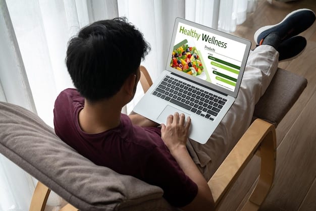 A person sitting at a laptop, browsing an online grocery store website with fresh produce and discounts clearly visible on the screen.