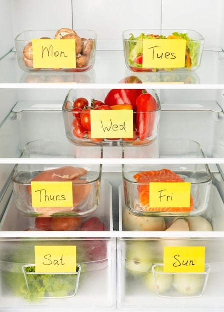 A well-organized refrigerator with various food items properly stored in labeled containers and designated sections, alongside a freezer with neatly stacked and labeled food items, demonstrating effective storage techniques.