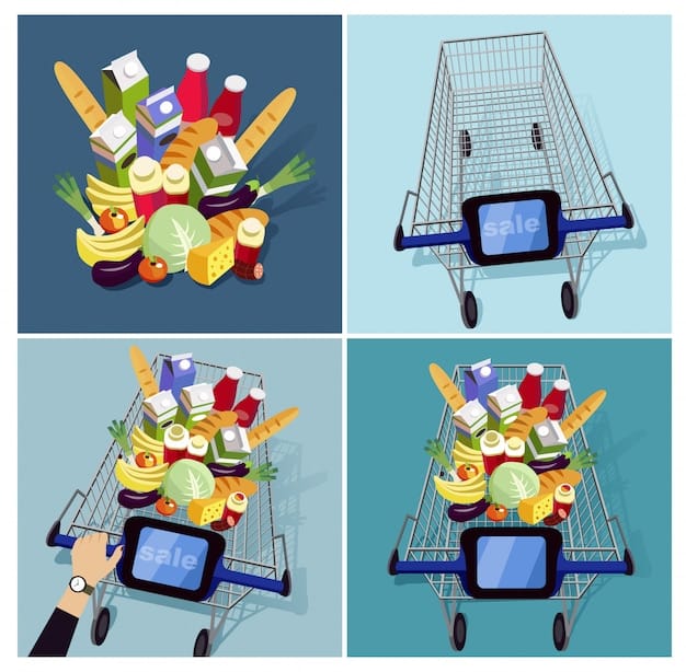 A shopping cart filled with various groceries, with an emphasis on the prevalence of store-brand items. The cart's contents should appear diverse and healthy to convey the message that affordable groceries can still be nutritious.