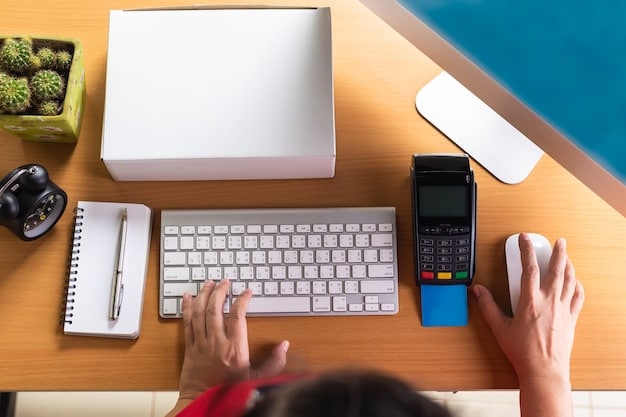 A person analyzing multiple credit card statements spread out on a desk, highlighting key numbers like APR and balance, with a calculator nearby.