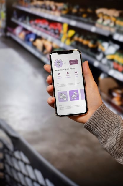 A smartphone screen displaying a grocery list app with checkboxes, overlaid on a blurred background of a hand pushing a shopping cart, symbolizing modern grocery management.