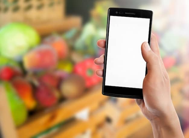 A customer's hands holding a smartphone displaying a grocery store loyalty app with personalized deals, while a shopping cart filled with groceries sits in the background, implying digital engagement with savings programs.