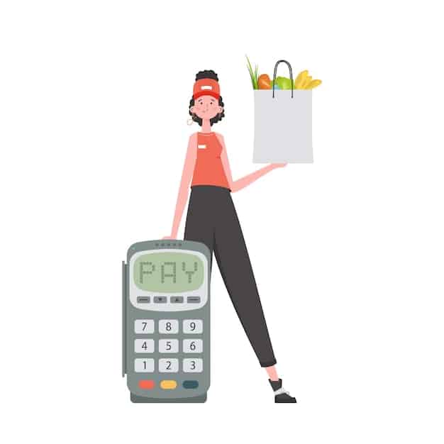 A person's hand holding a calculator, showing a significant percentage of savings, with grocery bags and a shopping list in the background, illustrating budgeting.