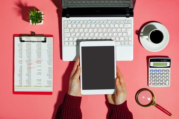 A person using a budgeting app or spreadsheet on a tablet, with various bills and receipts scattered nearby, depicting meticulous budget tracking.