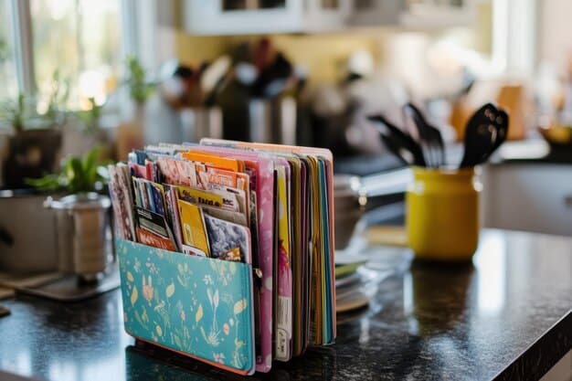An organized binder filled with categorized coupons, neatly arranged in clear plastic sleeves, with a pen and a shopping list nearby. The background is a clean kitchen counter.