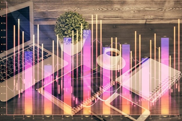 A digital interface showing an investment portfolio with various colored bars representing diversified assets including ETFs and index funds, with an upward trend line.