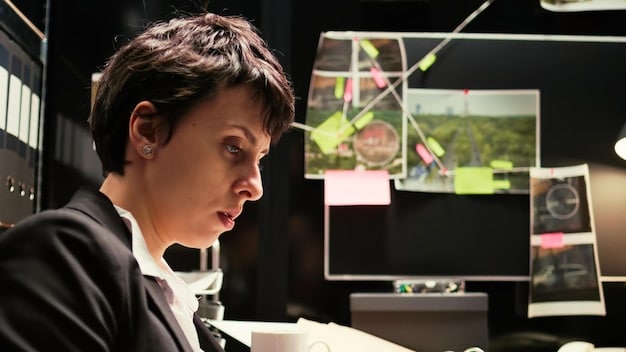 A person looking intently at a laptop screen, displaying financial graphs and security icons, with a magnifying glass hovering over the data, representing financial monitoring and scrutiny.