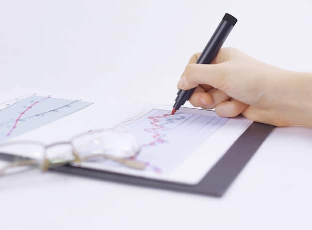 A person's hand holding a pen, poised over a financial planner or budget sheet, with various financial charts and graphs subtly in the background, conveying careful planning and decision-making.