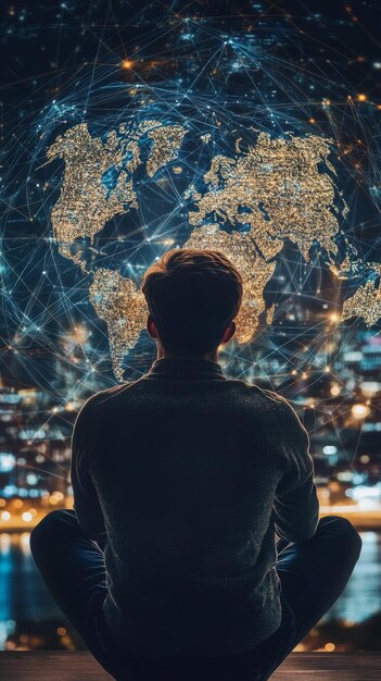 A silhouette of a person looking at a digital world map, with glowing lines representing data flow and connectivity, emphasizing the global and interconnected nature of information.
