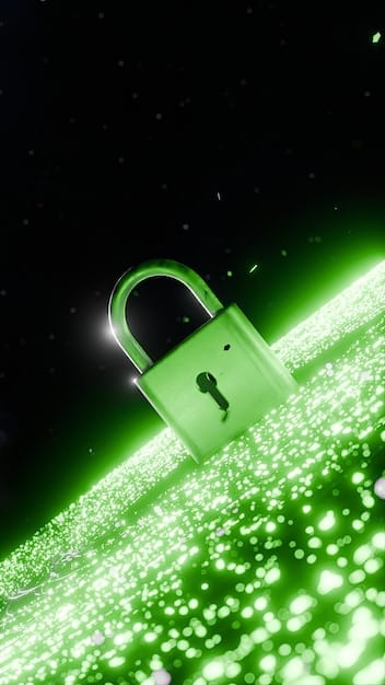 A close-up of a digital padlock icon with lines of code flowing across a glowing green background, representing strong data encryption and security.