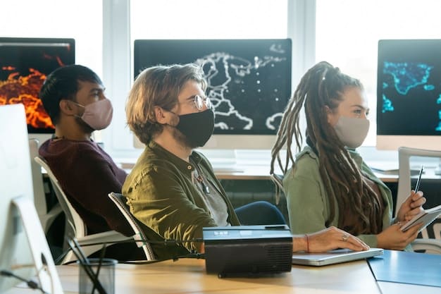 A diverse group of students and professors engaged in a collaborative AI research project in a modern university lab, with computer screens displaying code and data visualizations.