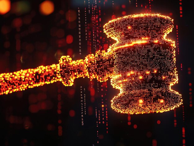 A gavel striking a sound block amidst digital currency symbols and data streams, symbolizing legal enforcement and financial implications for tech companies in a digital realm.