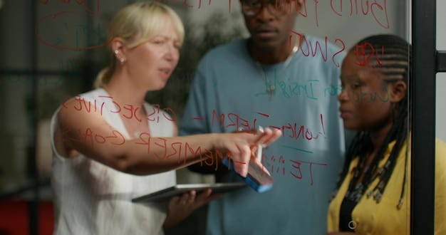 A diverse team of software developers and legal professionals collaboratively brainstorming around a whiteboard filled with flowcharts and code snippets, demonstrating interdisciplinary teamwork.
