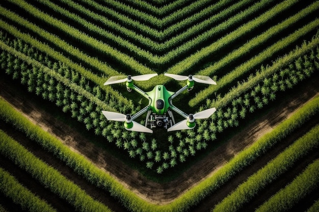 A sleek civilian drone with agricultural sensors flying over vibrant green fields, farmers inspecting their crops in the background.