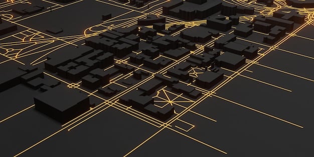 An intricate 3D wireframe map of a city skyline projected from a drone's perspective, architects and urban planners reviewing data on screens.