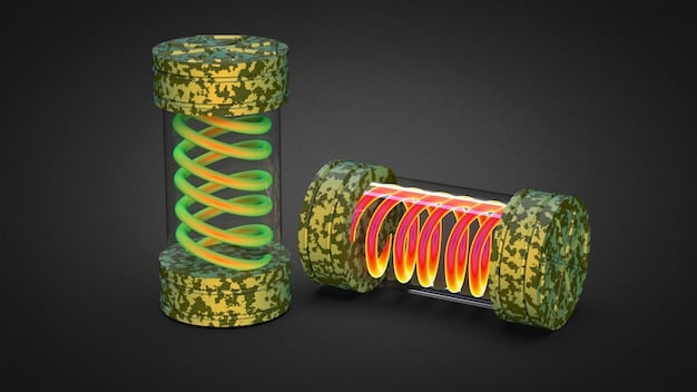 A detailed schematic or 3D render of a solid-state battery cell, showing the solid electrolyte separating the anode and cathode layers, with arrows indicating ion flow. The image should convey precision and advanced engineering.
