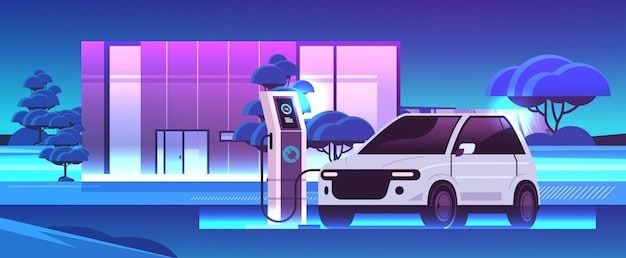 A detailed illustration of a smart charging station connected to a futuristic electric vehicle in a suburban setting, with lines extending from the charger to a smart home and then to a power grid, symbolizing integrated energy management.