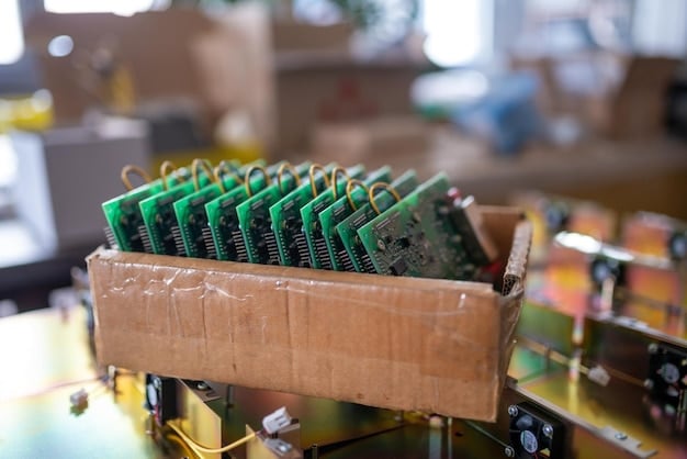 A state-of-the-art e-waste recycling facility with conveyor belts sorting electronic components, showcasing safe and advanced recycling processes.