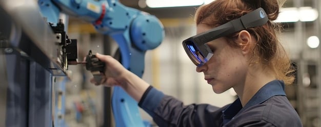 A manufacturing technician wearing AR glasses, looking at a complex piece of machinery. Holographic schematics and repair instructions are overlaid on the physical machine, with glowing arrows pointing to specific components, indicating an efficient and guided repair process.