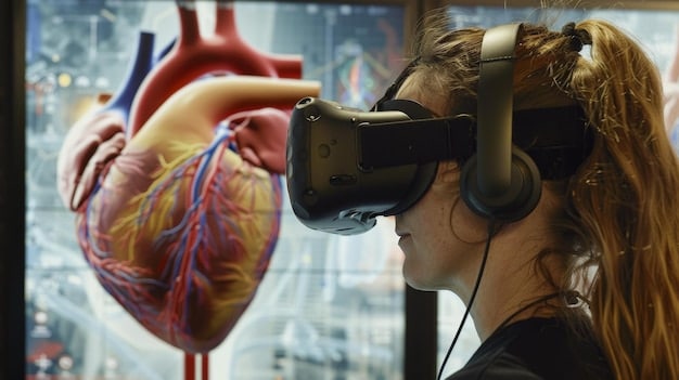 A student wearing light AR glasses, interacting with a holographic representation of the human heart floating in the classroom. Other students are engaged in similar interactions with various anatomical models around them, indicating a dynamic and hands-on learning environment.