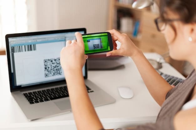 A close-up of a smartphone scanning a QR code on a product label, with digital blockchain elements emanating from the phone and linking to a network of interconnected blocks. The scenario depicts a consumer verifying product authenticity.