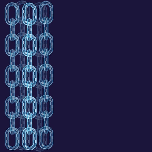 A digital representation of connected blocks forming a chain, with abstract lines flowing between them, symbolizing secure data exchange. Overlaying this are icons representing various supply chain entities like a factory, a truck, and a warehouse, linked together.