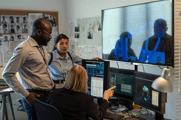 A diverse group of cybersecurity professionals collaborating in a high-tech control room, analyzing data and discussing strategies for critical infrastructure protection on large screens.