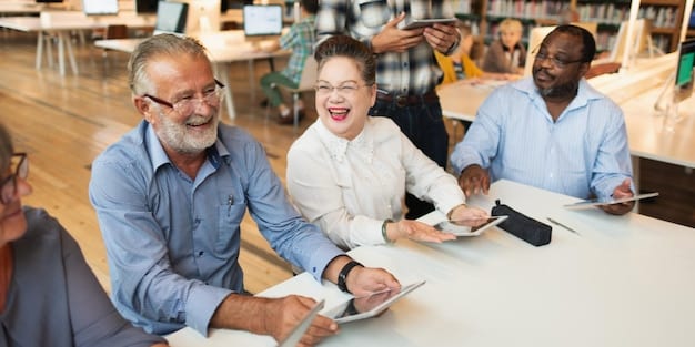 A diverse group of people, including university professors and industry professionals, gathered around a table engaged in a collaborative discussion about the future of work and education, symbolizing strong partnerships.