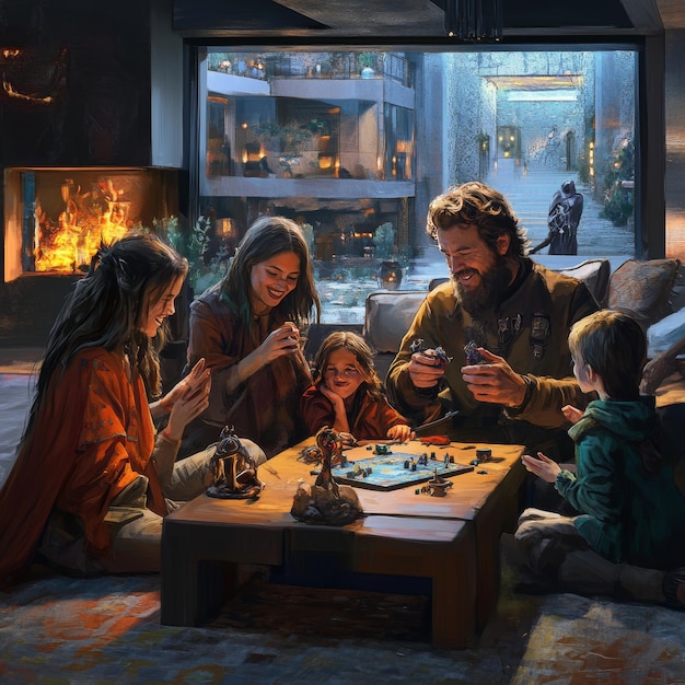 A family enjoying a board game night at home, with smiles and laughter. The room is cozy and well-lit, suggesting a warm and engaging alternative to screen-based entertainment.