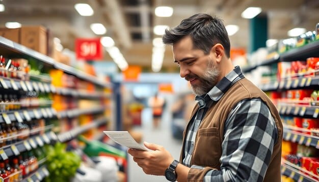 A person holding a grocery receipt, pointing to the 