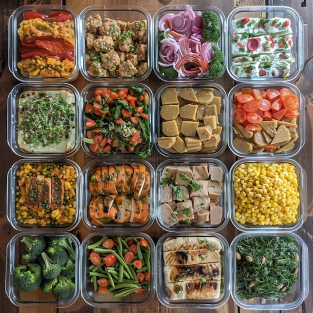 A top-down view of various meal prep containers filled with different colorful and healthy meals, such as chicken and vegetables, pasta salads, and fruit bowls, neatly arranged on a kitchen counter, showcasing the variety and organization that helps to Slash Your Grocery Bill by 25%: Mastering the Art of Meal Planning and Prep.