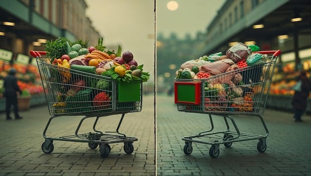 A split-screen image showing a comparison between a shopping cart filled with groceries purchased without coupons (left side) and a similar cart filled with groceries purchased with strategic use of digital coupons (right side). A price tag overlay on each cart shows a significantly lower total cost for the cart with coupons, vividly illustrating how to Maximize Your Savings: A Guide to Using Digital Coupons at Major Grocery Chains.