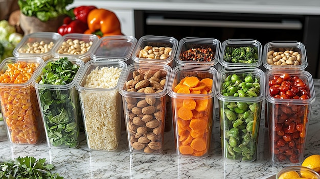 A well-organized refrigerator filled with pre-cut vegetables in clear containers, cooked grains in glass bowls, and labeled meal prep containers. The image conveys a sense of control, health, and preparedness, directly related to 'Grocery Budget Reset: How to Cut Spending by 15% in 30 Days'.