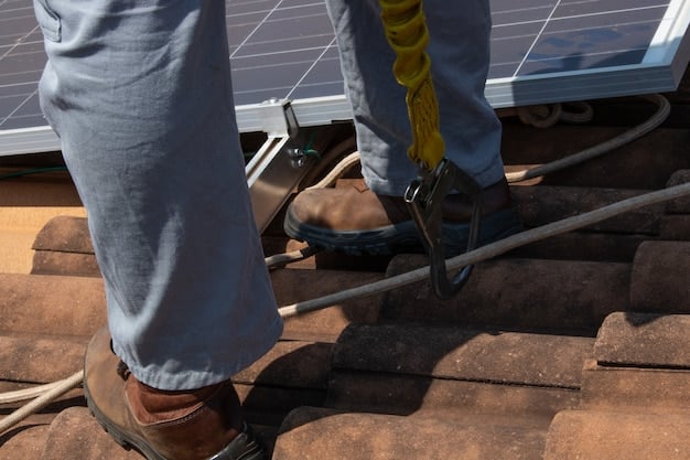 A close-up of a worker installing solar panels on a residential roof, highlighting the process of energy-efficient upgrades.