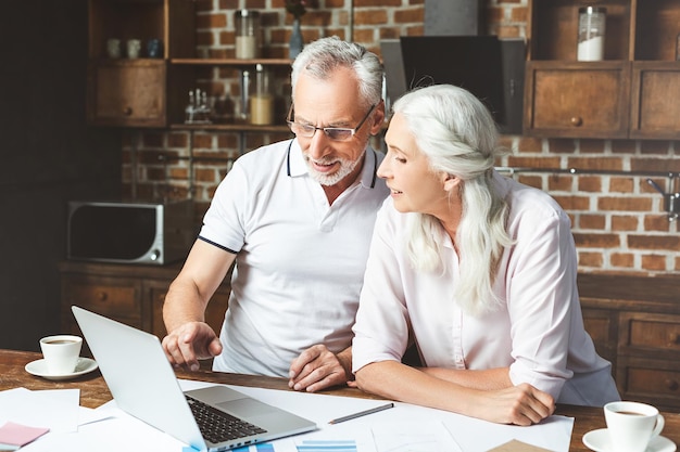 An elderly couple sitting at a table, reviewing financial documents and using a calculator, with a laptop displaying a retirement planning software interface. They are focused on calculating their retirement needs as part of planning for retirement: calculating your retirement needs and creating a sustainable withdrawal strategy for 2025.