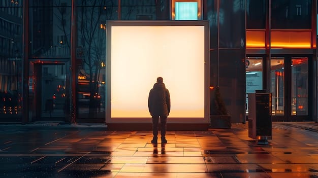 A lonely avatar standing in an empty, dimly lit virtual town square, with digital advertisements sparsely placed and no other users visible, emphasizing low user retention and engagement.