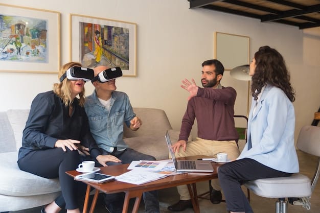 A diverse group of people in a virtual meeting room, using sleek VR headsets, collaboratively examining a complex 3D model, showing the potential for enterprise metaverse applications.