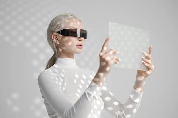 A person wearing minimalist AR glasses interacting with holographic digital overlays in a real-world setting, illustrating the potential for seamless mixed reality experiences as the next iteration of the metaverse.