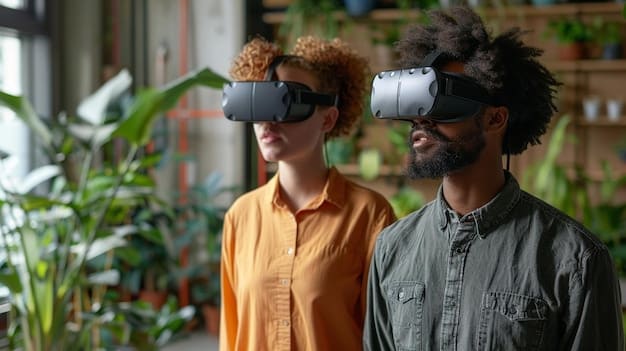 A group of diverse individuals wearing sleek, modern VR/AR headsets, collaborating and interacting in a minimalist, accessible virtual space, suggesting a more focused and practical future.