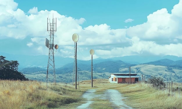 A realistic rendering of a 5G cell tower in a rural American landscape, with fields and farms visible in the background. The image emphasizes the contrast between advanced technology and traditional agricultural settings, visually representing the expansion of 5G coverage into underserved areas. The sky is clear and bright, symbolizing the promise of The Future of 5G in the US: Expected Rollout Speeds and Coverage by 2026.