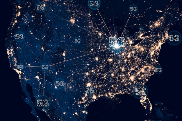 An artistic representation of interconnected nodes forming a nationwide 5G network across the United States, symbolizing comprehensive coverage. The nodes are brightly lit, indicating strong connectivity, and the background features various cities and landscapes, illustrating the widespread reach of 5G.