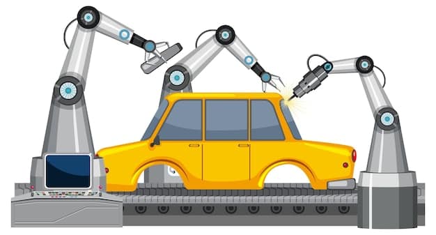 A graphic representation showing a robotic arm working on a car assembly line, illustrating the automation of manufacturing processes. The image highlights the precision and efficiency of robots in performing repetitive tasks.