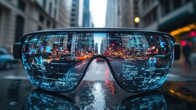A close-up shot of advanced AR glasses displaying real-time data overlays on a cityscape. The glasses showcase The Latest Developments in Virtual Reality (VR) and Augmented Reality (AR) Technology with a focus on practical applications in urban environments.
