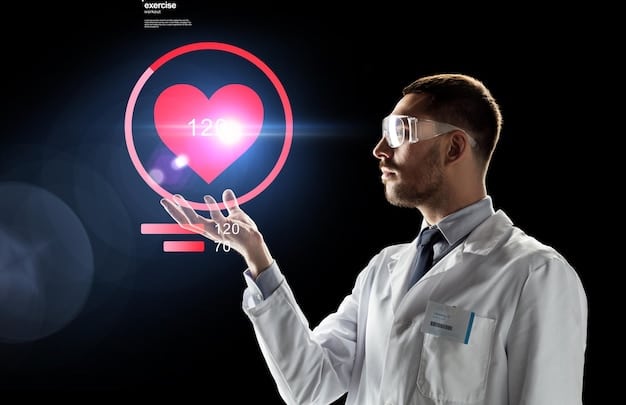 A doctor using a holographic display to view a 3D model of a patient's heart, with AI algorithms analyzing the data in real-time. The image illustrates the precision and capabilities of AI-powered diagnostics and personalized medicine in the context of the future of healthcare.