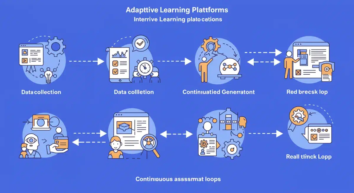 Infographic detailing the adaptive learning platform mechanism, highlighting personalized pathways and continuous assessment.