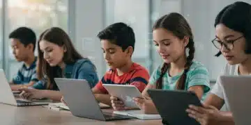 Adaptive Learning Platforms: 10% Student Performance Boost in 3 Months Students engaging with adaptive learning platforms on digital devices, showing improved focus and comprehension.