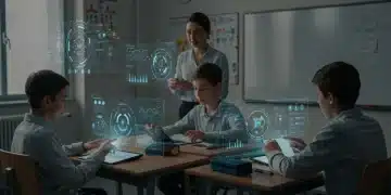 AI-powered personalized learning in a modern K-12 classroom setting with students and teacher